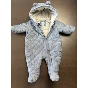 Baby Gap Light Denim Gray Quilted Zip Snowsuit Sleeper w/ Bear Ears 0-3 Months